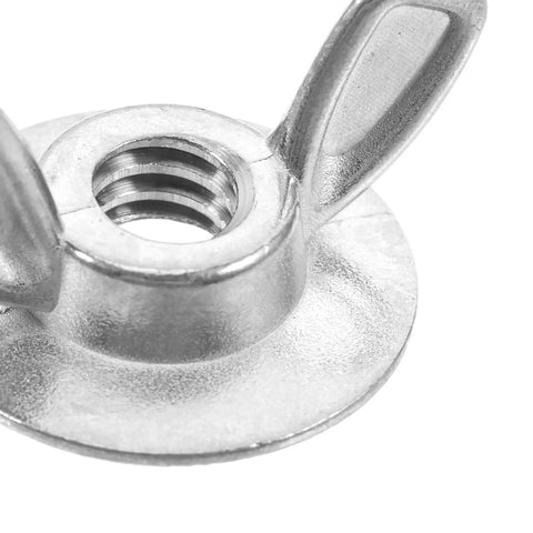 Close-up of a metal thumb nut with washered backplate for hurricane shutters, part of a Set Of 20 Metal Thumb Nuts For Hurricane Shutters With Washered Backplates, Storm Shutter Fasteners, One Quarter Twenty Thread, No Fuss Quick Detach Panels For Easy Cleaning And Maintenance.
