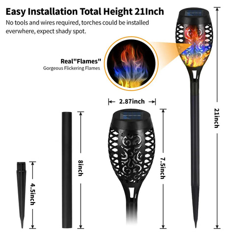 Six Pack Solar Torch Lights With Colorful Flickering Flames, Waterproof Tiki Torches For Outdoor Pathways, Gardens, And Patios