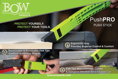 Front view of Bow PushPRO PP1 push stick with EVA tips in neon green for table saws
