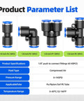 40 Piece Quick Connect Air Hose Fittings Kit One Eighth Inch OD Push To Connect Pneumatic Fittings with product specs chart