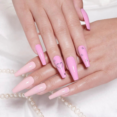 HEMA Free Gel Nail Polish Set With Milky Pink And Pastel Pink, nail art with heart and star designs, long-lasting manicure