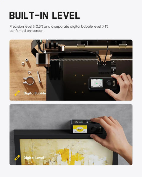 Three In One Pro Grade Laser Measuring Tool with 197 ft range, IPS touch screen, shows built-in level in use on edge