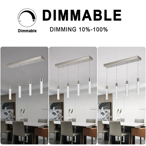 Crystal Bubble 4 Light Pendant For Kitchen Island, Lit Modern Brushed Nickel Ceiling Fixture shown in dining room