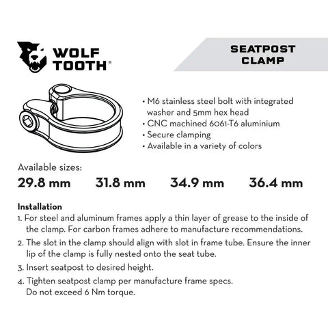 Precision CNC Machined Seatpost Clamp With Self Aligning M5 Bolt, sizes and features displayed in product guide