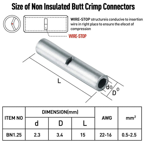 150 Pieces Non Insulated Butt Connectors 22 To 16 Gauge Copper Crimp Ferrule Terminals For Electrical DIY Splicing, Seamless Wire Connectors For Auto, Home, And Shop Projects, size chart