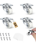 No Sweat Setup Slick Design 0.6 Inch White Low Profile Swivel Caster Wheels Set Of 4 with screws and adhesive pads included.