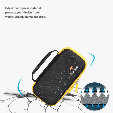 Aproca case for Fluke infrared thermometer accessories; black fabric with yellow trim and top carrying handle