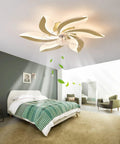Cool Ceiling Fan With Lights LED Flower Shape Flush Mount Low Profile Lamp in modern bedroom setting.