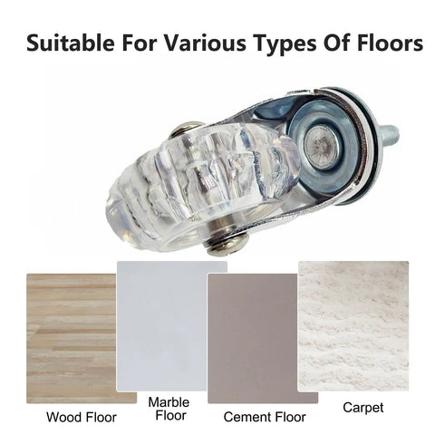 Heavy Duty 2 Inch PU Rubber Swivel Caster M8 Threaded Stem on different floor types including wood, marble, cement, and carpet.