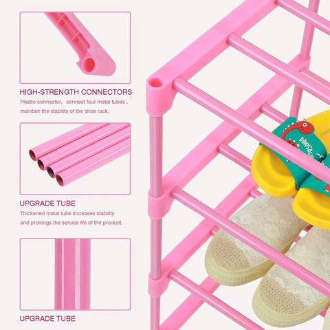 Close-up of pink shoe rack details showing high-strength connectors and upgrade tubes, holding shoes. 4 Tier Free Standing Shoe Rack For 6 To 8 Pairs Lightweight Stackable Organizer For Entryway Doorway And Closet Kid Friendly Pink Space Saving Solution For Small Spaces.