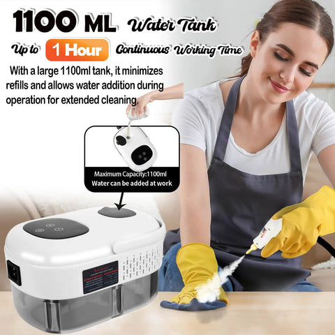 Pro Level Handheld Steam Cleaner With Lightning Fast Fifteen Second Heat Up And Heavy Hitter 2500 Watt Power Includes Five Multi Surface Brushes Plus Extra Long Reaching Rod For Quick Deep House Scrubbing Tasks Bright White with 1100ml water tank for extended cleaning.