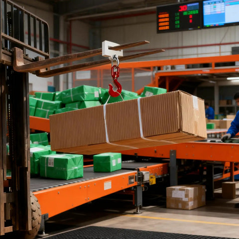 Heavy Duty Forklift Lifting Hook Attachment Single Fork Mount lifting a box with a 360 swivel and 4400 pound capacity in a warehouse.