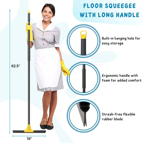 Heavy Duty Floor Squeegee Broom Workhorse With 18 Inch Rubber Blade And 60 Inch Long Handle For Streak Free Cleaning On Glass Tile Shower Doors Windows Garage Concrete Deck And More shown with ergonomic handle and hanging hole.