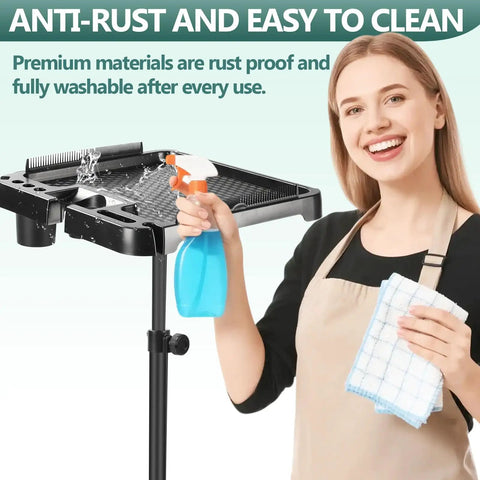 Woman cleaning Mobile Salon Rolling Tray Cart With Height Adjustable Stand And Large Magnetic Hair Tool Storage Platform Easy Glide Trolley