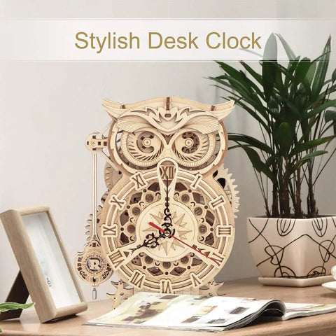 Epic 3D Wooden Owl Clock Puzzle Kit For Adults, Mechanical Model Building DIY Hobby, 161 Pieces, Vintage Owl Design, Silent Quartz Clock, Creative Craft Gift For Men And Women, Home Desk Decor on desk