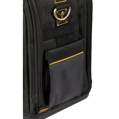 Close-up of ToughSystem Two Point Zero Compact Tool Bag with over 25 pockets, showing side pocket and durable material.