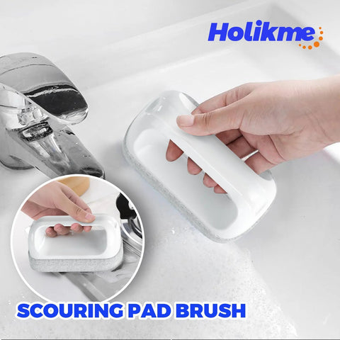 Holikme kitchen scouring pad brush with white plastic handle and gray scrub pad