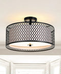 17 Inch Semi Flush Mount Ceiling Light Fixture With Three Light E26 Base Dope Modern Double Drum Design In Matte Black Iron Mesh Cage With Glass Diffuser