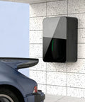 Electric Vehicle Charger Pedestal Stand And Lockable Weatherproof Charging Station Housing mounted on wall with car in view.