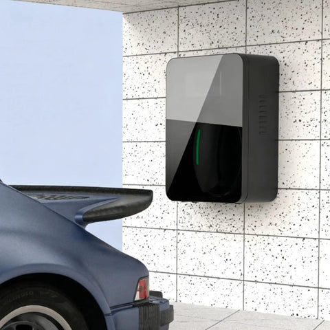 Electric Vehicle Charger Pedestal Stand And Lockable Weatherproof Charging Station Housing mounted on wall with car in view.