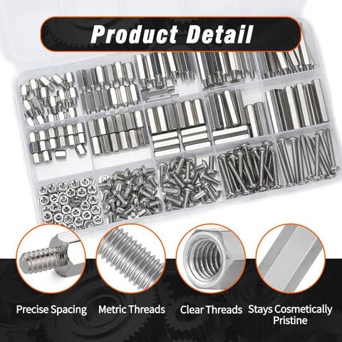 Rock Solid M3 Hex Standoff Spacer Screws And Nuts 270 Pcs Stainless Steel Hardware Kit For PCB And Circuit Boards, detailed layout with diverse parts.