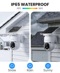 Solar Powered Wireless Outdoor Security Camera With 2K Resolution 360 Degree Pan Tilt Auto Tracking Spotlight TF Card Storage 2.4 GHz WiFi Detachable Solar Panel Type C Backup R6 One Pack installed on a house wall in snow and rain conditions, showing IP65 waterproof rating.