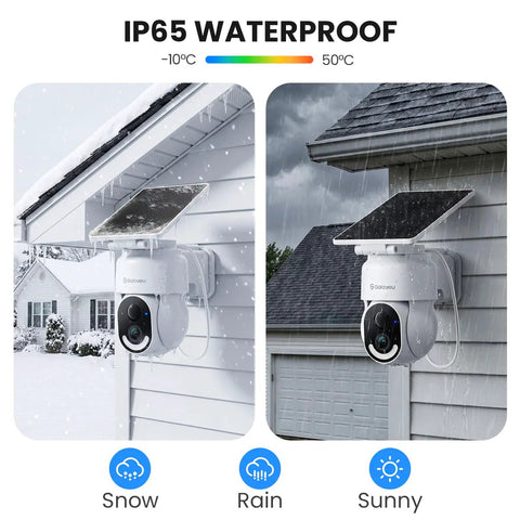 Solar Powered Wireless Outdoor Security Camera With 2K Resolution 360 Degree Pan Tilt Auto Tracking Spotlight TF Card Storage 2.4 GHz WiFi Detachable Solar Panel Type C Backup R6 One Pack installed on a house wall in snow and rain conditions, showing IP65 waterproof rating.