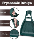 Leaf Scoops Hand Rakes with ergonomic design showing easy hand grip, wrist guard, and serrate rake edge.