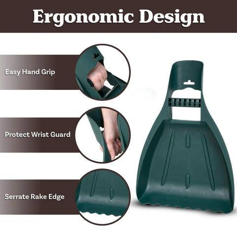 Leaf Scoops Hand Rakes with ergonomic design showing easy hand grip, wrist guard, and serrate rake edge.