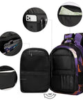 Open view of Halloween Black Cat Pumpkin Print Unisex Backpack With Large Capacity showing compartments and pockets with phone and pens.
