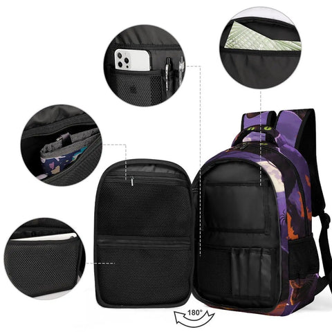 Open view of Halloween Black Cat Pumpkin Print Unisex Backpack With Large Capacity showing compartments and pockets with phone and pens.