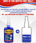 Image of a 50ml bottle of medium strength blue thread locker explaining partial filling for anaerobic conditions.