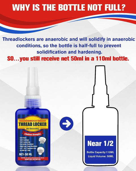 Image of a 50ml bottle of medium strength blue thread locker explaining partial filling for anaerobic conditions.