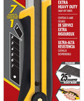 Extra Heavy-Duty 25mm Utility Knife With Ratchet Lock, Razor-Sharp Blade And Seven-Stage Snap-Off System, Fiberglass-Reinforced Handle, Built-To-Last Workhorse For Industrial Construction And Shop Projects. Packaged 25mm snap-off utility knife with yellow and black handle.