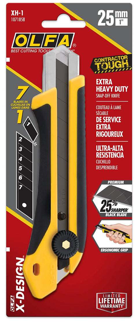 Extra Heavy-Duty 25mm Utility Knife With Ratchet Lock, Razor-Sharp Blade And Seven-Stage Snap-Off System, Fiberglass-Reinforced Handle, Built-To-Last Workhorse For Industrial Construction And Shop Projects. Packaged 25mm snap-off utility knife with yellow and black handle.