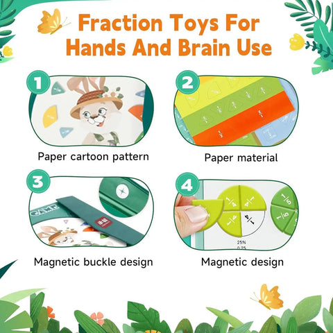 Hands On Magnetic Fraction Kit For Kids with 102 Piece Tiles and Discs, paper cartoon pattern, magnetic design, classroom ready