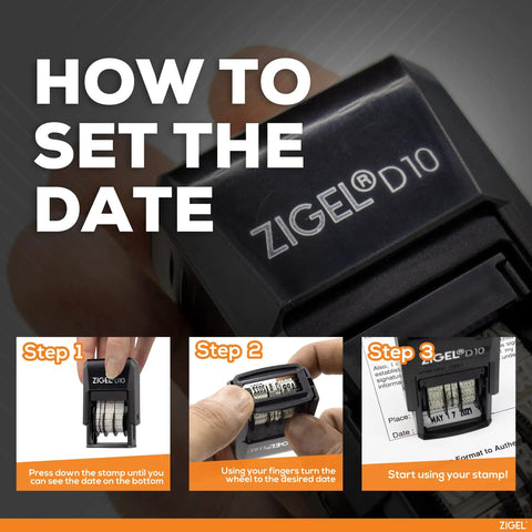 Top Tier Self Inking Date Stamp With Smooth Rotating Wheels And Refillable Red Ink Pad Built Tough For The Daily Grind Making Paperwork Simple Without The Stress Or Fuzz shown in step-by-step setup guide.