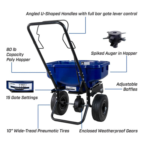 80 Lb Salt Spreader For Ice Melt And Winter Weather, Walk Behind Residential Broadcast Spreader With Spiked Auger, Adjustable Baffles