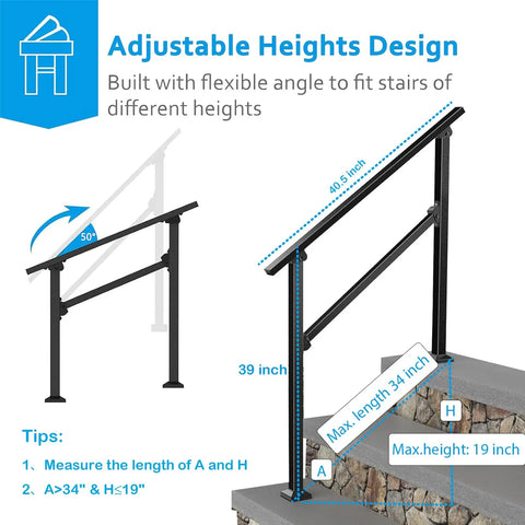 Heavy Duty Metal Handrail For Outdoor Steps Weather Resistant Powder Finish Crushes 600 Pounds Without Breaking A Sweat with adjustable heights.