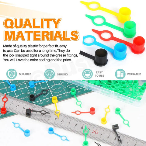 Colorful grease fitting caps in red, yellow, blue, green, black from 250Pcs Five Color Pro Grade Grease Fitting Cap Kit For Auto Cars And Motorcycles Zerk Fitting Covers Dust Caps Brake Bleeder Screws With Keeper Red Yellow Blue Green Black displayed with size measurements and material description.