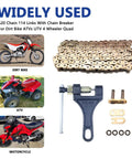 Gold 520 O Ring Chain 114 Links With Chain Breaker for Dirt Bikes ATVs UTVs 4 Wheelers, shown with breaker tool and vehicles