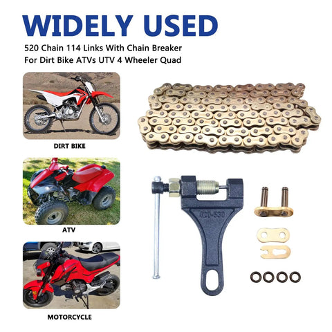 Gold 520 O Ring Chain 114 Links With Chain Breaker for Dirt Bikes ATVs UTVs 4 Wheelers, shown with breaker tool and vehicles