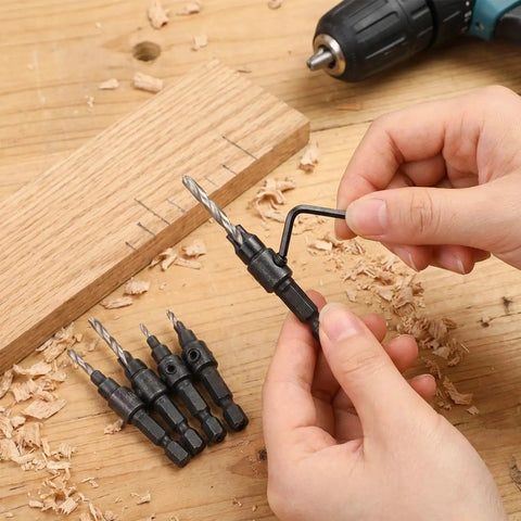 Five Piece Hex Shank Countersink Drill Bit Kit With Quick Release Crank Handle, showing hand holding a drill bit on wood.