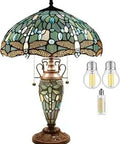 Dragonfly Style Tiffany Table Lamp Sea Blue Stained Glass With Vase Base 16x16x24 Inches Antique Bronze Finish Dope Desk Reading Light