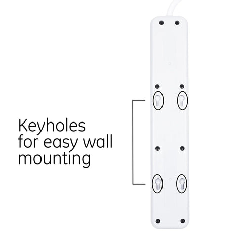 Back view of 7 Outlet Surge Protector Power Strip With 25 Ft Extension Cord, 1080 Joules, showing wall mount keyholes.