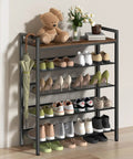 Five Tier Metal Shoe Rack With Wooden Top And Adjustable Mesh Shelves For Entryway Or Closet holding various shoes and decor items