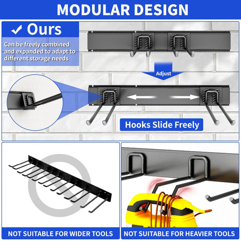 Image showing Heavy Duty 48 Inch Wall Mount Garden Tool Organizer With Six Adjustable Hooks Easy Install Steel Black Storage System.