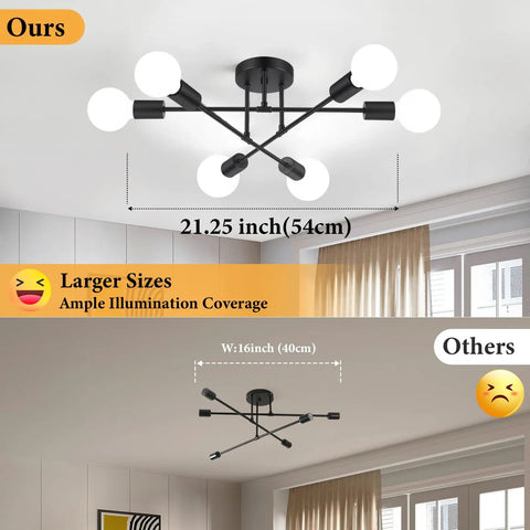 Six Light Modern Chandelier In Black, Dope Industrial Ceiling Light Fixture, 22 Inch Semi Flush Mount shown installed on ceiling.