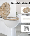 Round Stone wall Toilet Seat on a white toilet, featuring durable resin material and protective bumpers for quiet use.