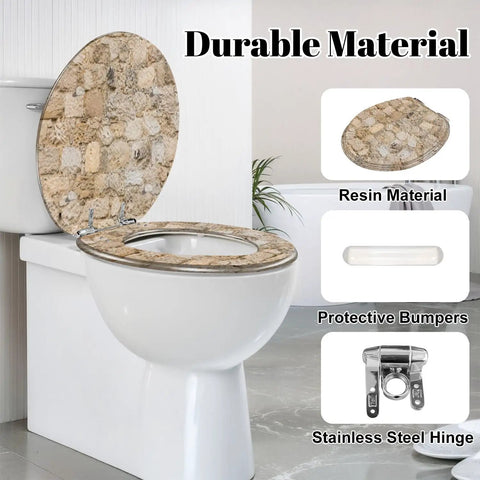 Round Stone wall Toilet Seat on a white toilet, featuring durable resin material and protective bumpers for quiet use.